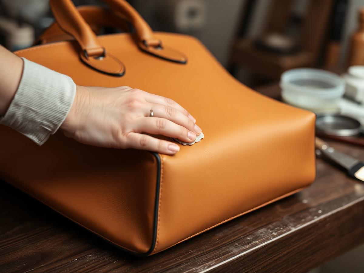 Artisan cleaning a tan leather handbag